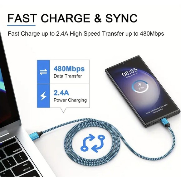 USB-C 10 foot Fast Charging Data SYNC Charger Cable Cord Blue - Picture 3 of 5